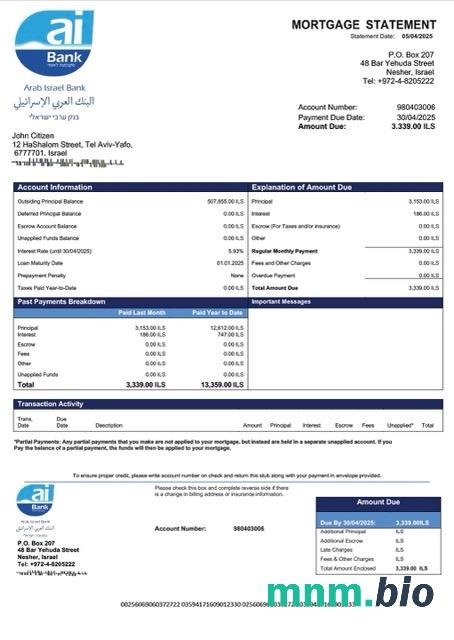 Izrael Arabsko-Izraelski Bank wyciąg z kredytu hipotecznego szablon Word i PDF